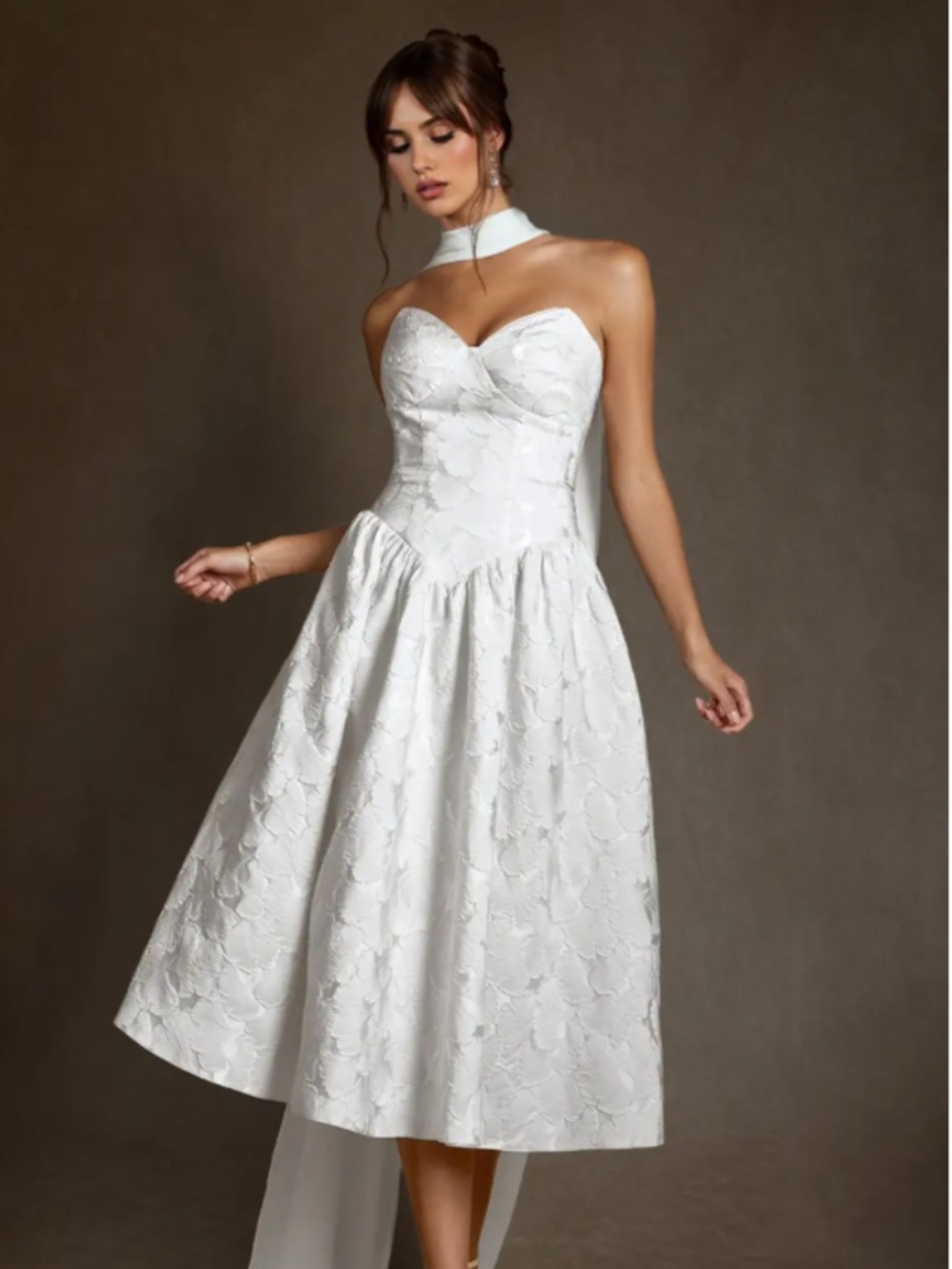 Azazie Devam Diamond White A-Line Strapless Floral Jacquard Dress